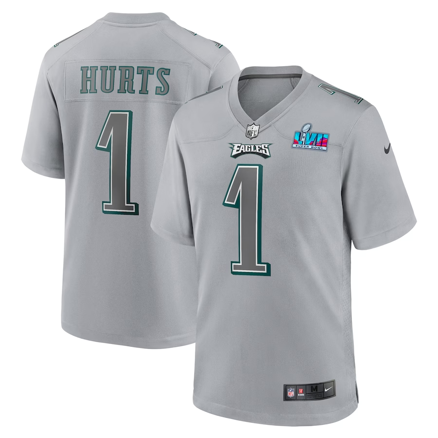 Men's Philadelphia Eagles Jalen Hurts #1 Gray Super Bowl LVII Patch Atmosphere Fashion Game Jersey1