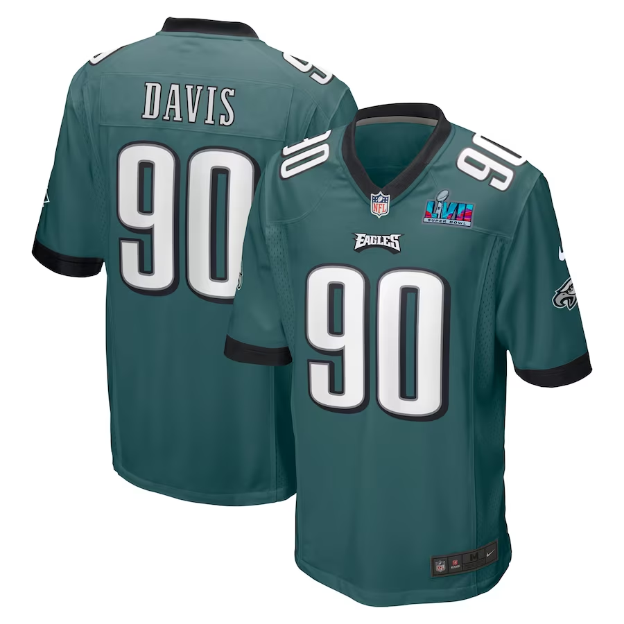 Men's Philadelphia Eagles Jordan Davis #90 Midnight Green Super Bowl LVII Patch Game Jersey1