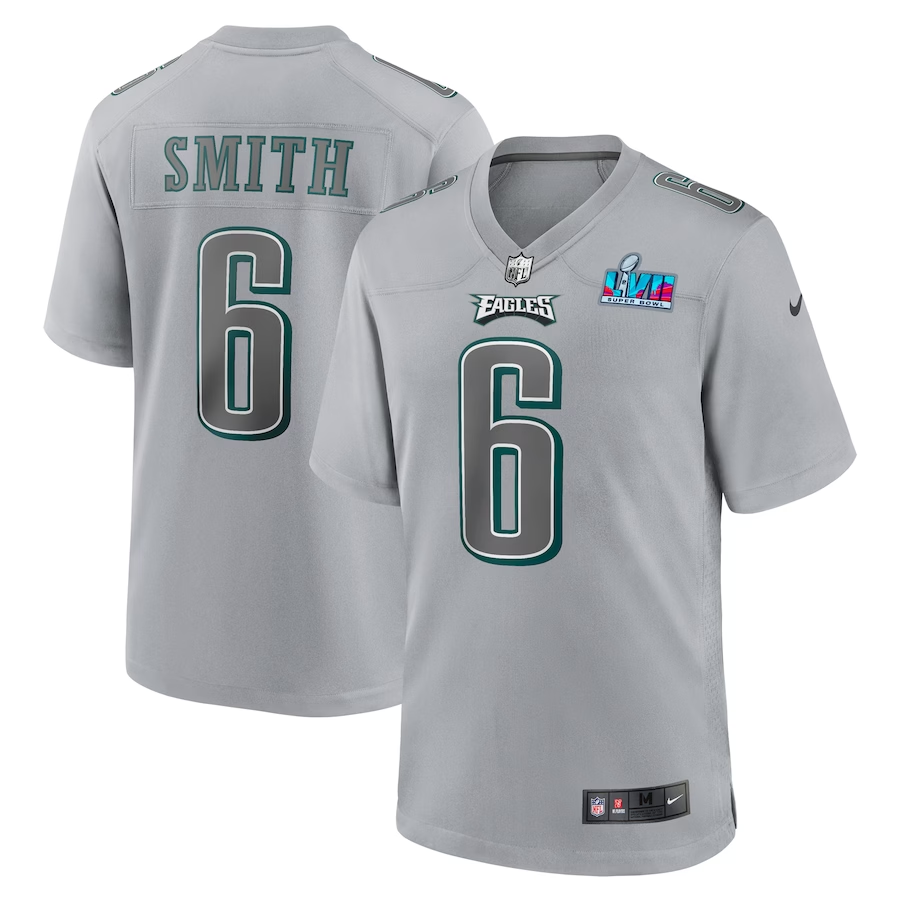 Men's Philadelphia Eagles DeVonta Smith #6 Gray Super Bowl LVII Patch Atmosphere Fashion Game Jersey1